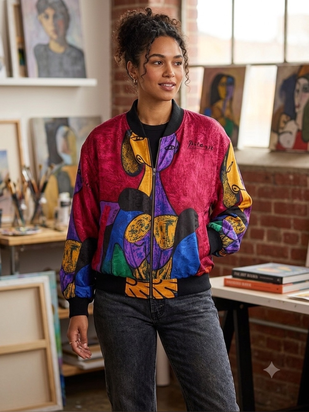 Mighty Picasso Multicolor Abstract Bomber Jacket